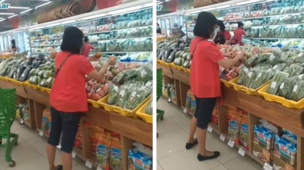 Tak Habis Pikir! Emak-emak Santai Bongkar Kemasan Tomat di Supermarket, Diduga Demi Cari yang Masih Bagus
